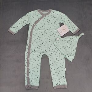 Burt's Bees One Piece Organic Cotton Romper With Hat Set Teal & Gray Size 6-9M